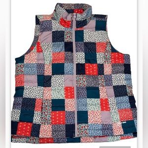 Lands End Down Vest XL Patchwork Multicolor Quilted Zip Front 2 Snap Pockets NWT